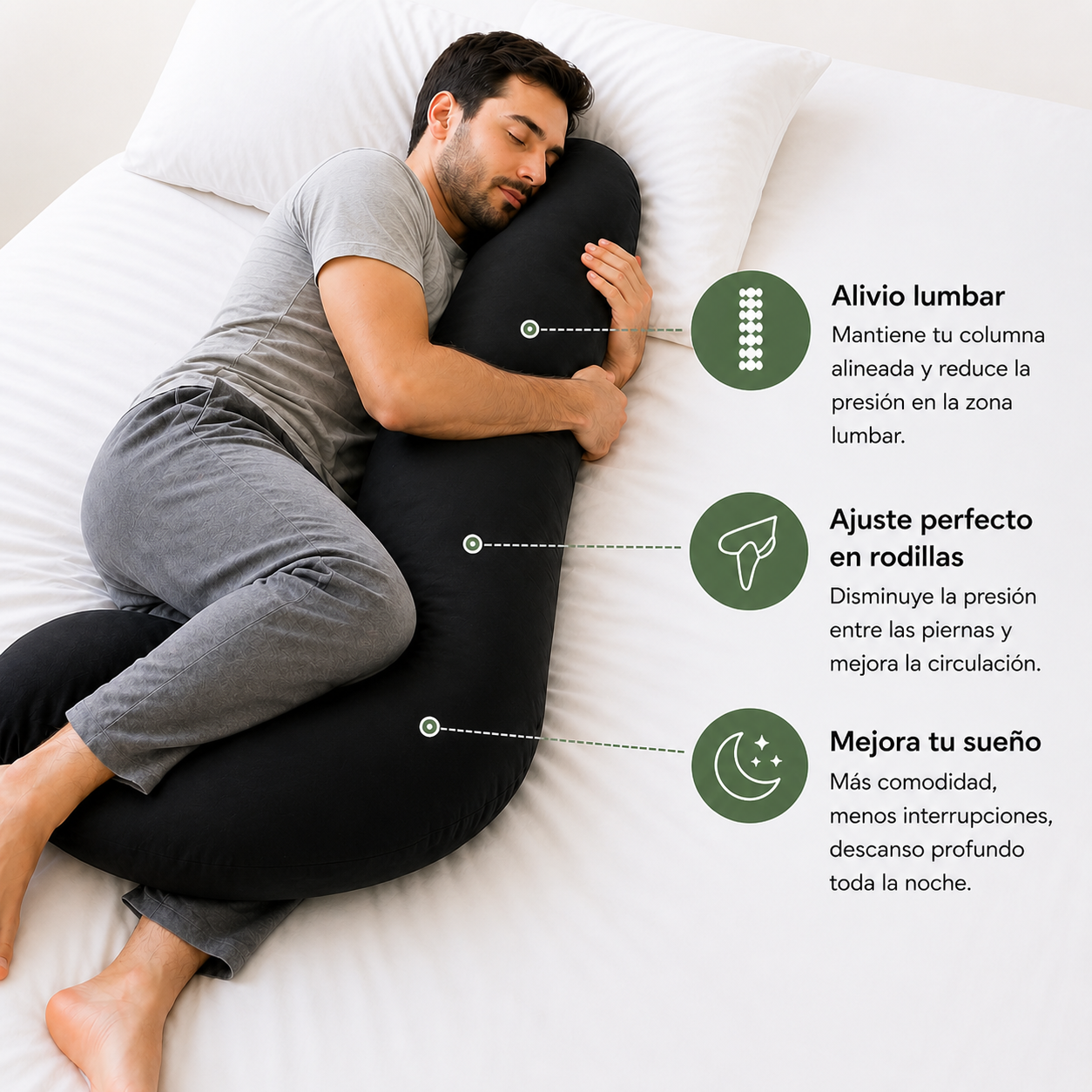 Almohada Tipo J Ortopédica – Soporte para Piernas, Espalda y Descanso Total