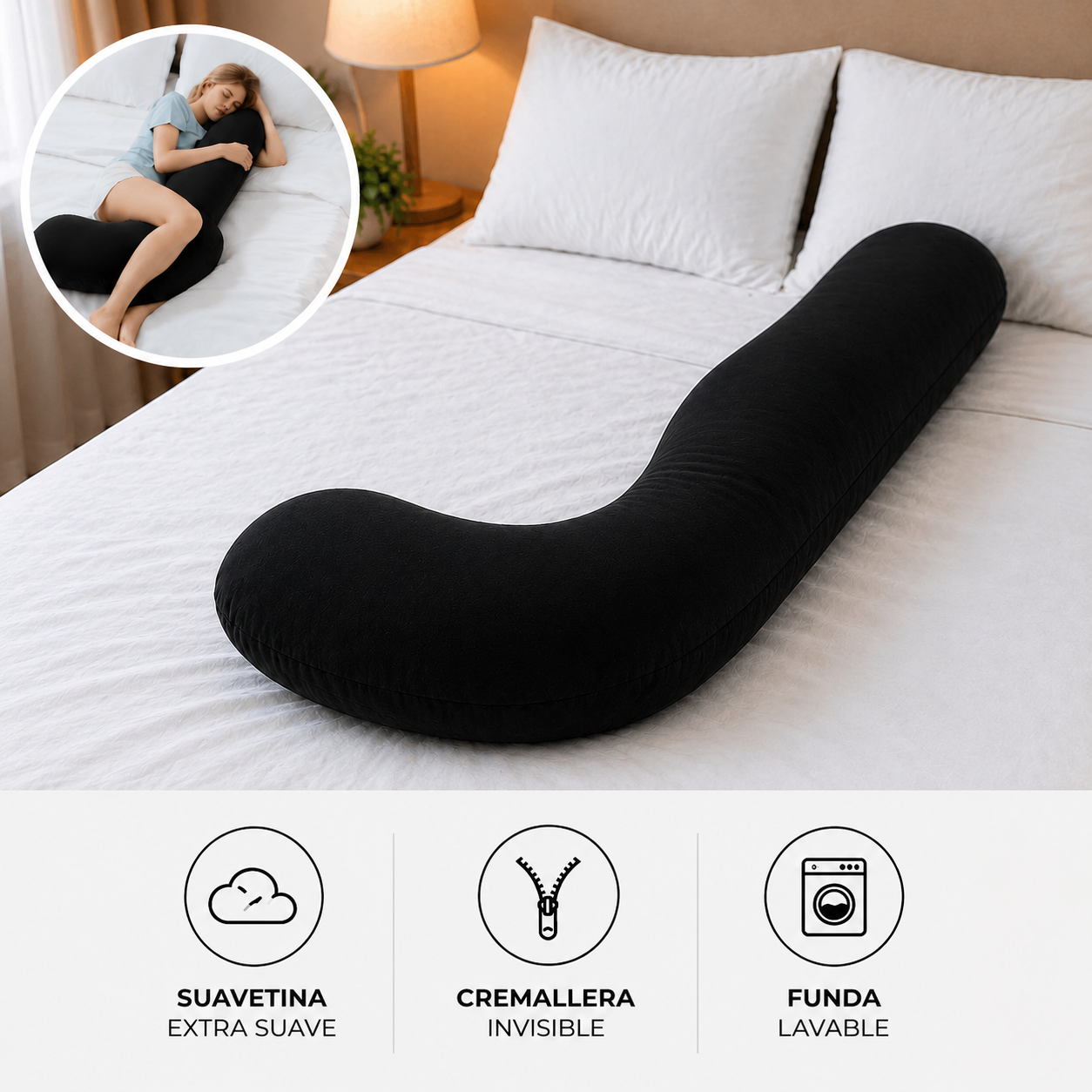 Almohada Tipo J Ortopédica – Soporte para Piernas, Espalda y Descanso Total
