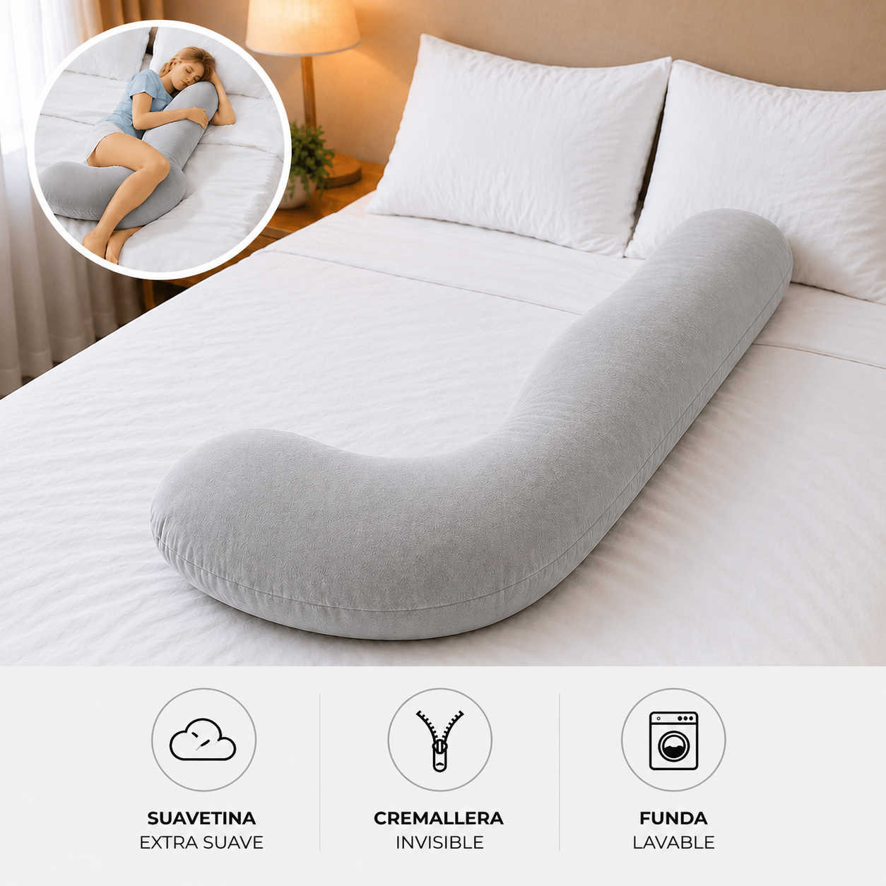 Almohada Tipo J Ortopédica – Soporte para Piernas, Espalda y Descanso Total