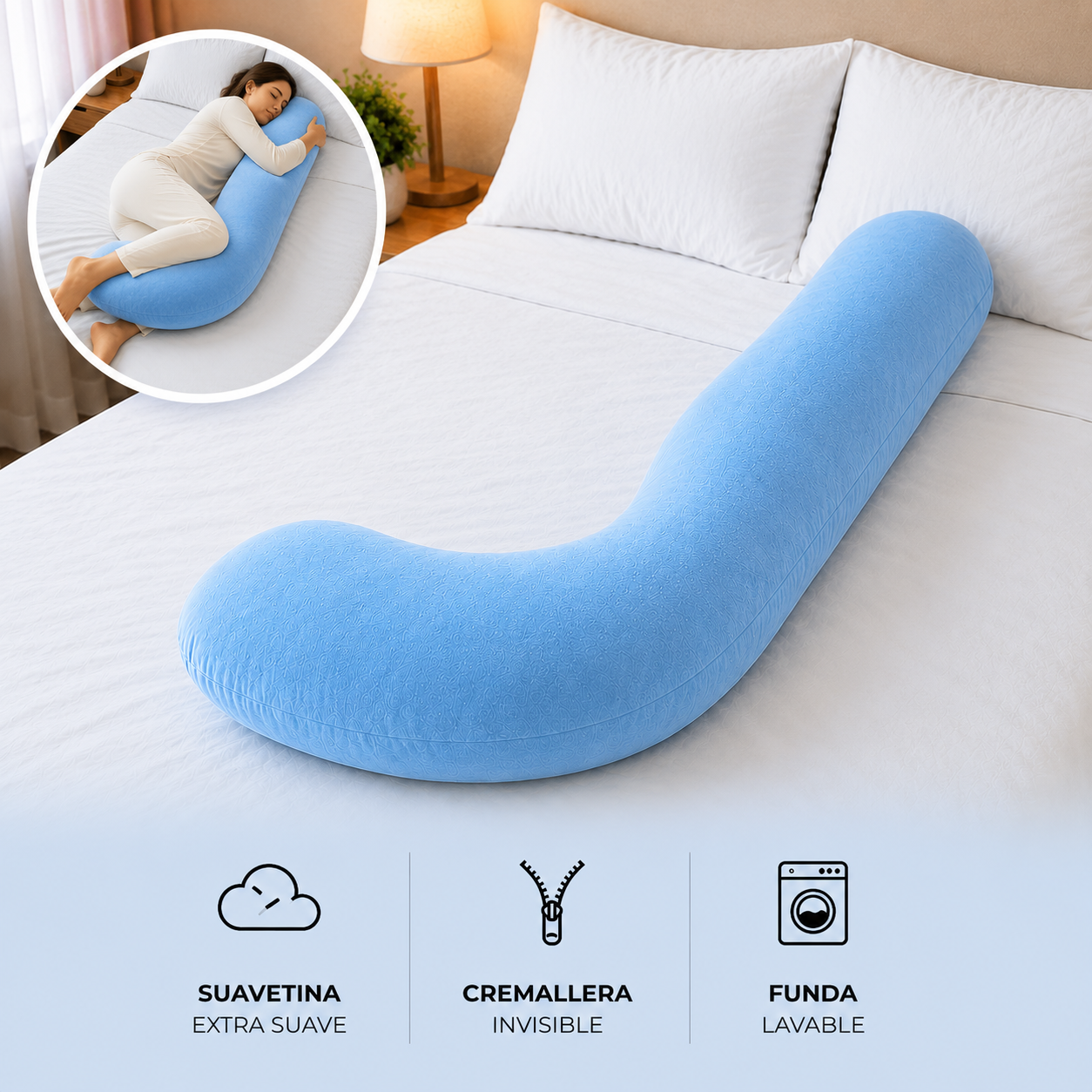 Almohada Tipo J Ortopédica – Soporte para Piernas, Espalda y Descanso Total